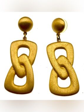 Vintage Gold Tone Link Drop Earrings Matte Brushed Modernist Statement Pierced